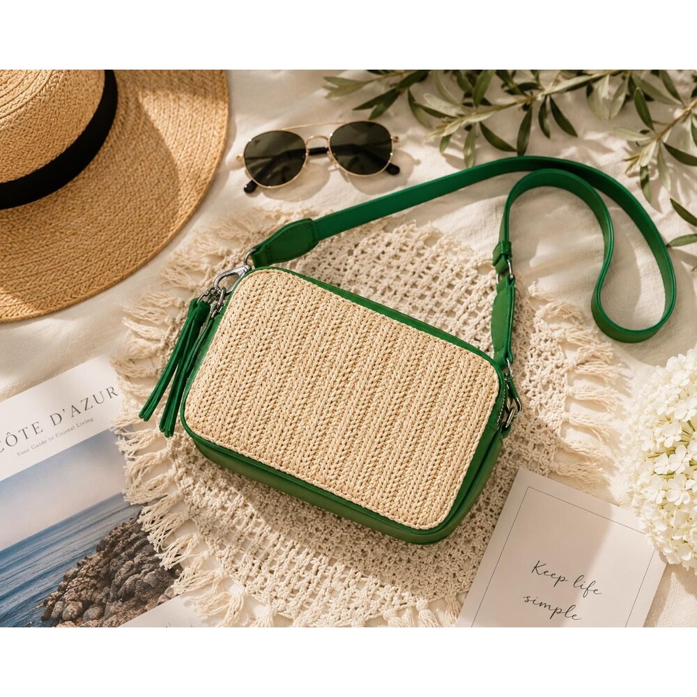 NWT Kelly Green Straw Crossbody Bag Woven Summer Vacation Beach Purse - Picture 6 of 6